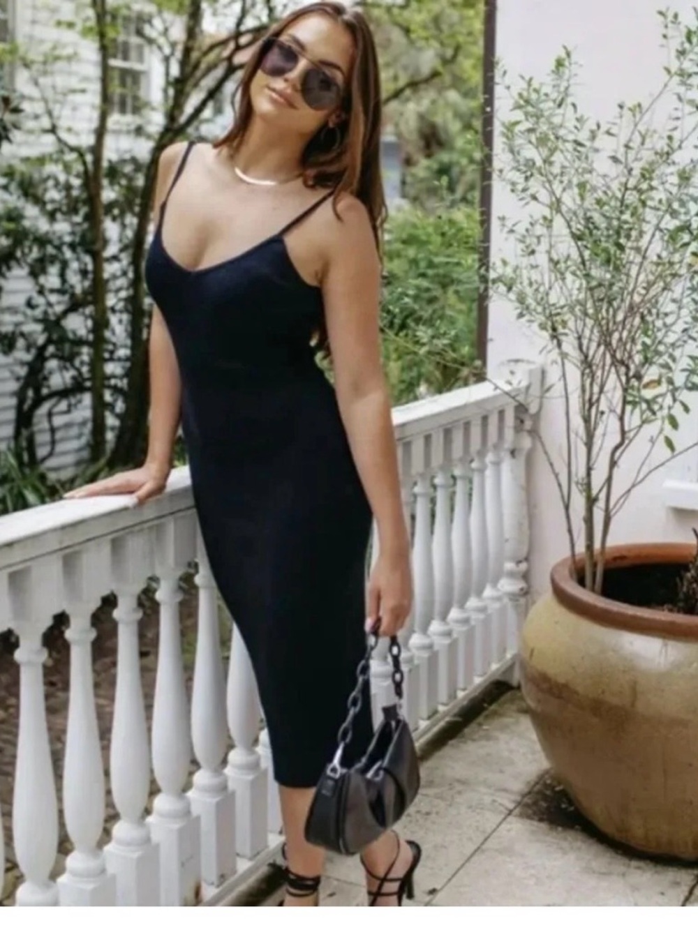 Kittenish Black Slip Midi Dress with Thin Straps